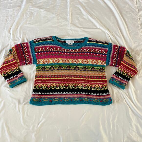 Vtg Y2K 2000s Colorful Floral Hand Knit Pullover Sweater Wmns M Nordic - Picture 1 of 8